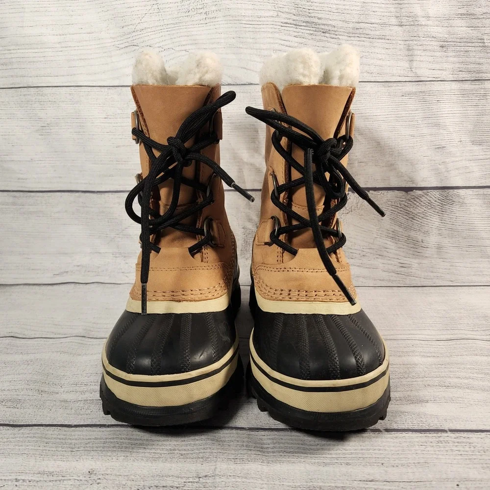 Sorel Caribou Kids Size 2 Waterproof Snow Boots Buff Black Leather LY1000-281